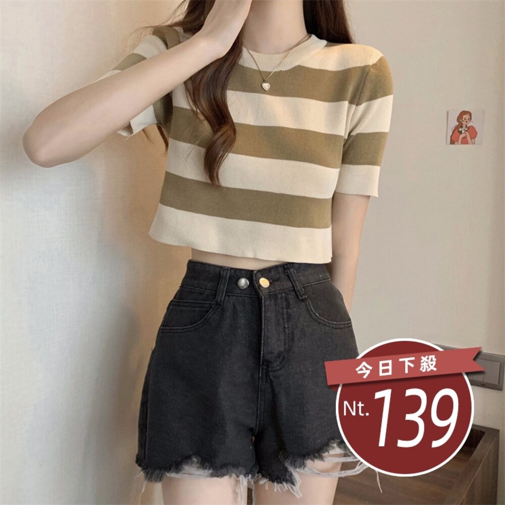 22349041495-【台灣發貨】韓版圓領條紋短版上衣 衣服 女裝 t恤 短袖t恤 上衣【T555】