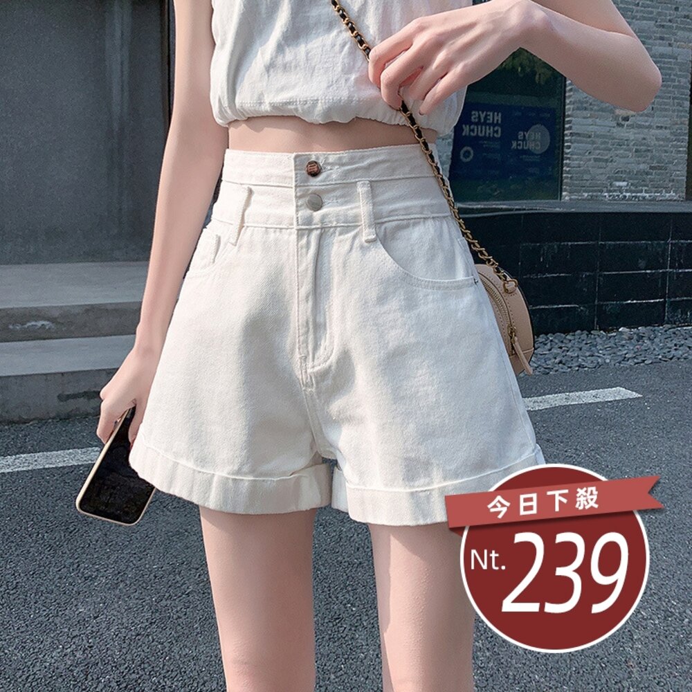 22369770745-【台灣發貨】韓版顯瘦反摺牛仔短褲 短褲 褲子 女裝【P199】