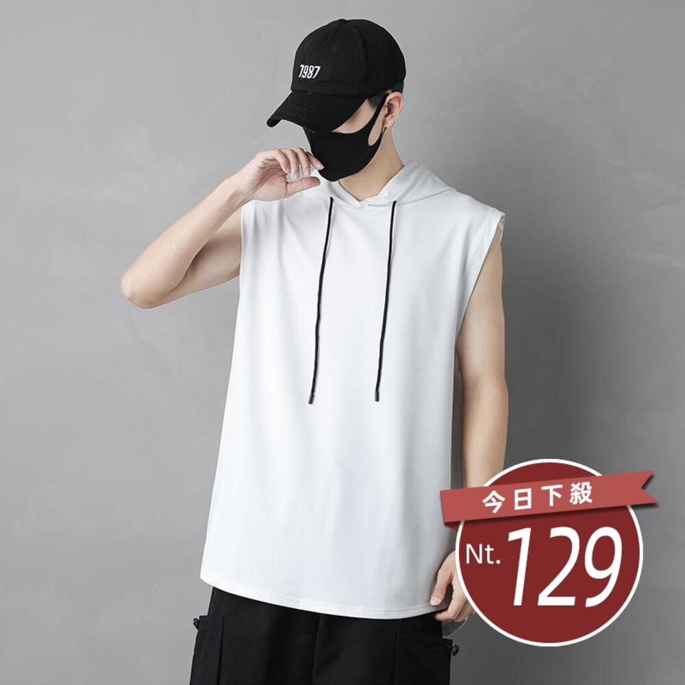 22369774603-【台灣發貨】韓版無袖連帽T恤 小可愛 背心 衣服 男裝 上衣【V269】
