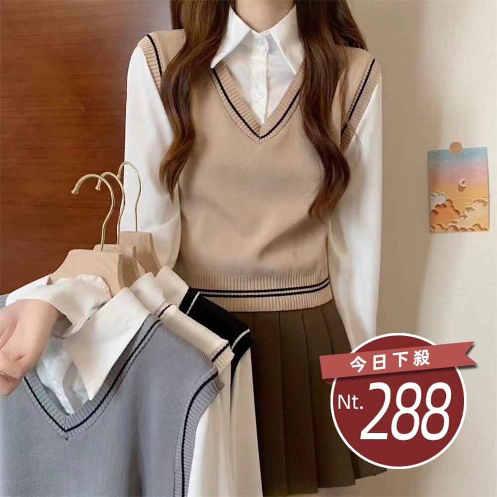 22514614141-【台灣發貨】韓版小個子氣質學院風假兩件襯衫 小可愛 背心 衣服 女裝 上衣【W378】