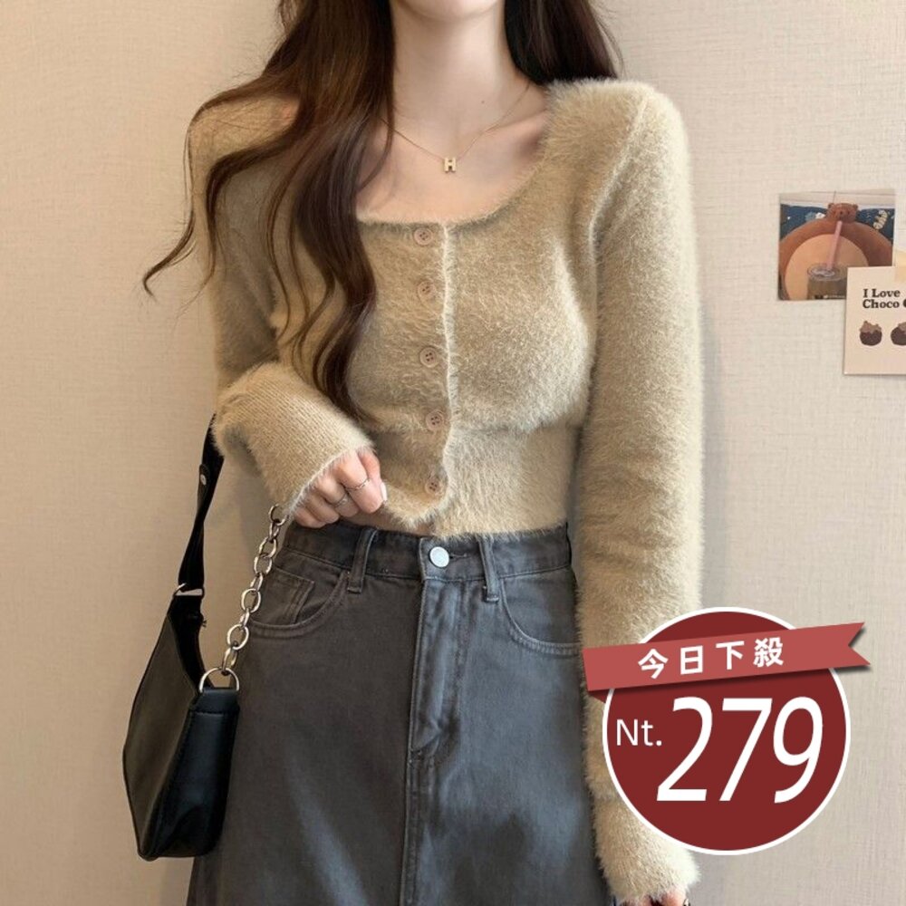 22530515427-【台灣發貨】韓版溫柔風排釦設計感小眾針織上衣 長袖上衣 長袖t恤 衣服 女裝 上衣【W367】