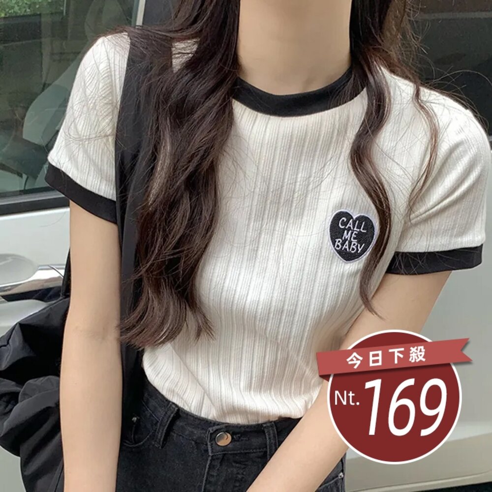 22576878801-【台灣發貨】韓版撞色刺繡針織上衣 衣服 女裝 t恤 短袖t恤 上衣【T571】
