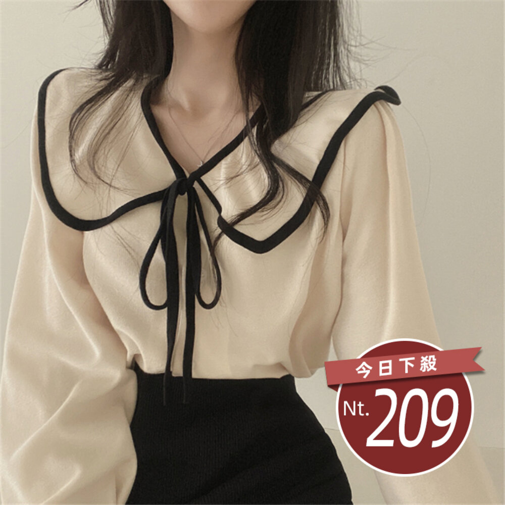 22954601124-【台灣發貨】韓版氣質娃娃領綁帶襯衫 長袖上衣 長袖t恤 衣服 女裝 上衣【W406】