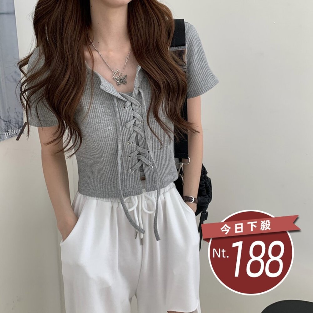22975200687-【台灣發貨】韓版小心機綁帶短版上衣 衣服 女裝 t恤 短袖t恤 上衣【T552】