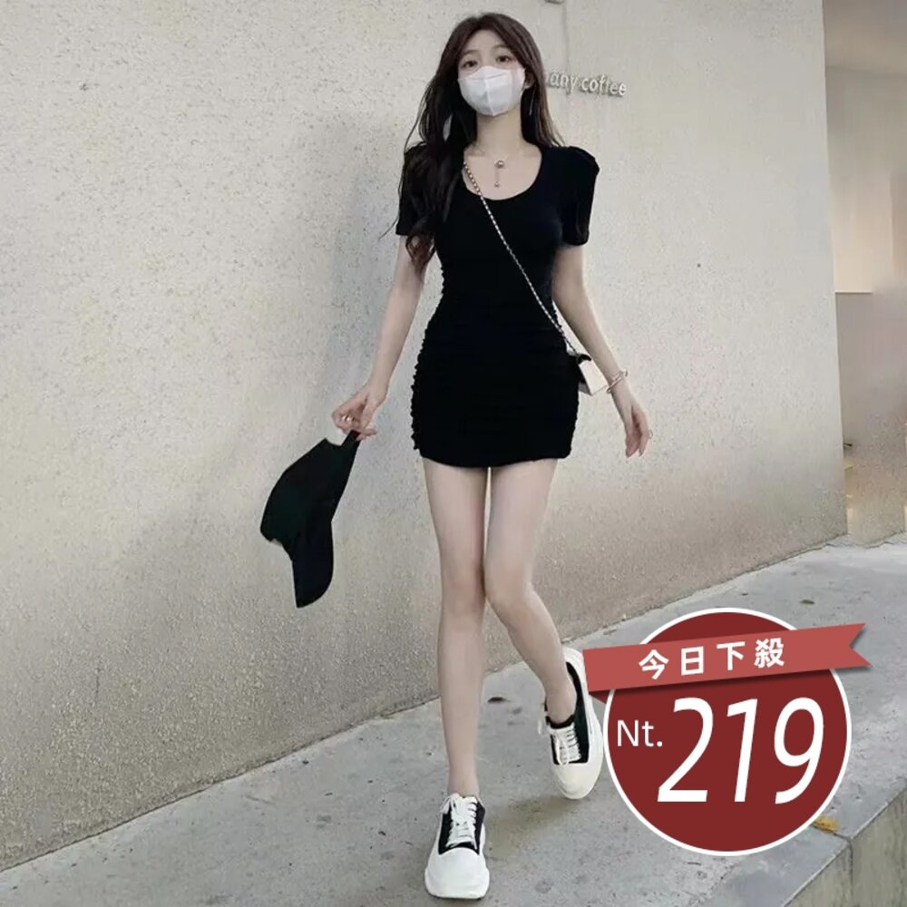 23080887207-【台灣發貨】韓版設計感露背高腰顯瘦短袖連衣裙 連身裙 吊帶裙 吊帶褲 女裝【S279】