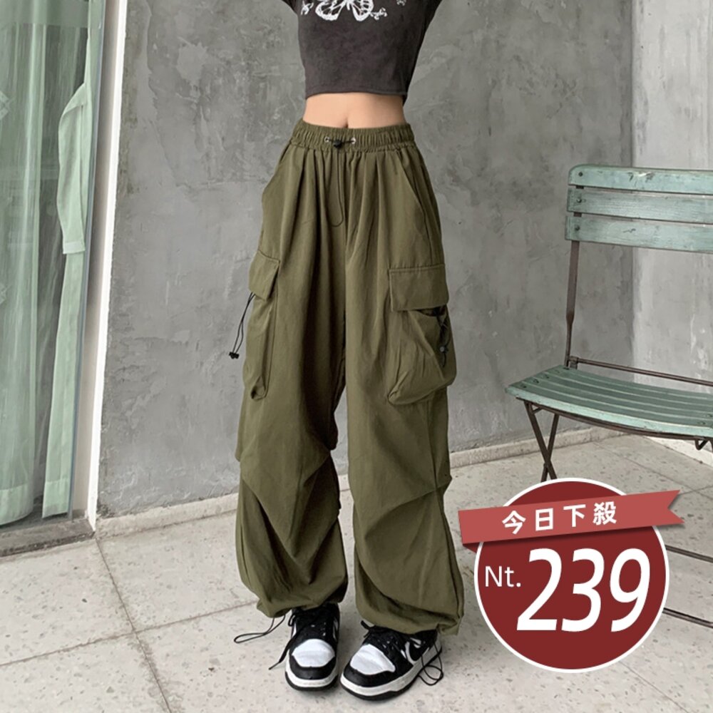 23171999458-【台灣發貨】韓版復古寬鬆設計感大口袋工作褲 寬褲 褲子 女裝【P267】