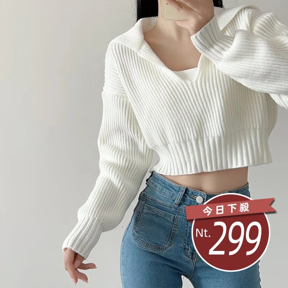 23183945386-【台灣發貨】韓版寬鬆顯瘦翻領短版長袖上衣 長袖上衣 長袖t恤 衣服 女裝 上衣【W428】