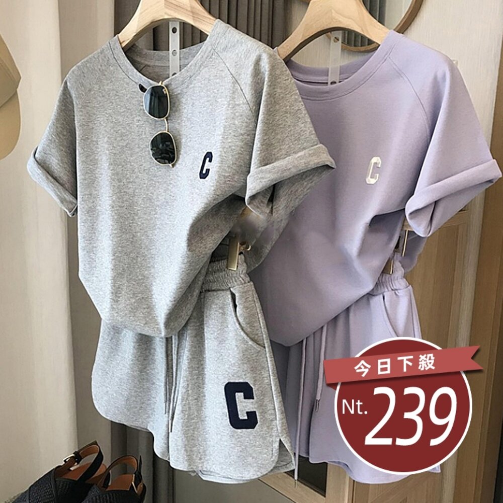 23355397462-【台灣發貨】韓版寬鬆簡約休閒字母刺繡短袖上衣+運動短褲 運動套裝 衣服 女裝 t恤 短袖t恤 上衣 短褲【S278】
