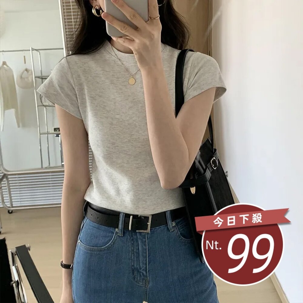 23366946071-【台灣發貨】韓版氣質高領彈性顯瘦短袖上衣 衣服 女裝 t恤 短袖t恤 上衣【T514】