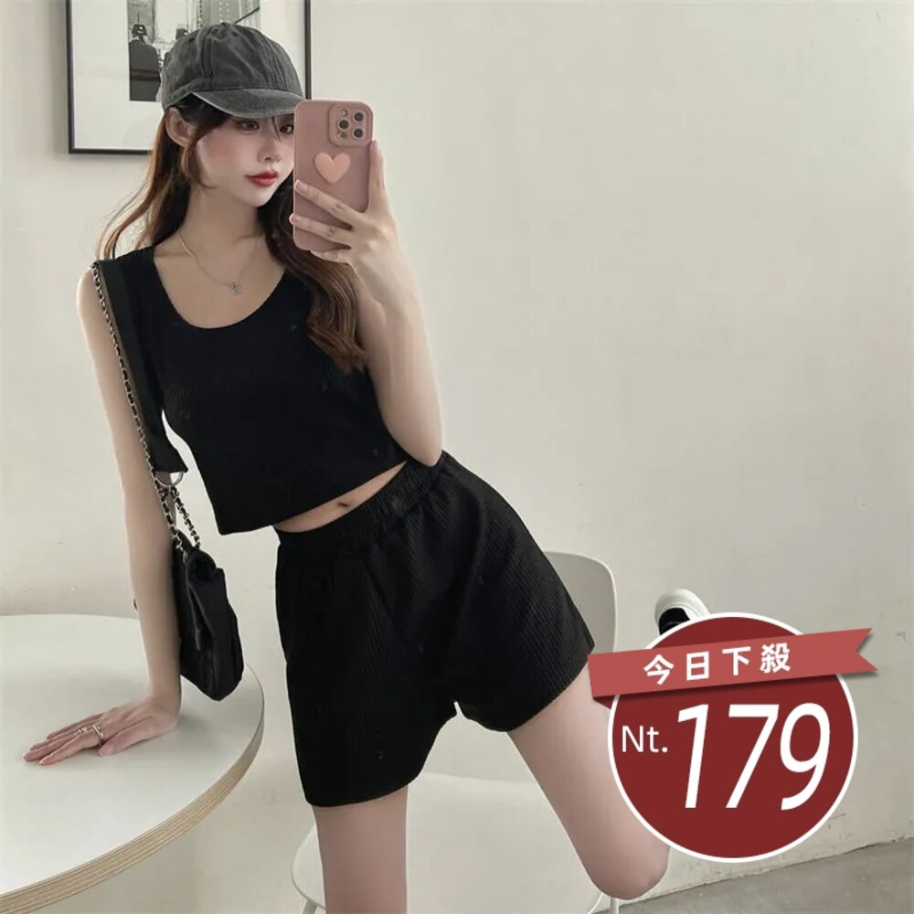 23372006988-【台灣發貨】韓版休閒運動背心+運動短褲 運動套裝 小可愛 背心 衣服 女裝 上衣【S217】