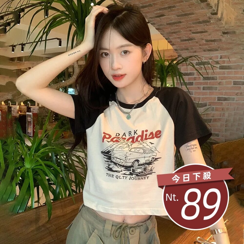 23376440312-【台灣發貨】韓版美式復古印花短袖上衣 衣服 女裝 t恤 短袖t恤 上衣【T566】