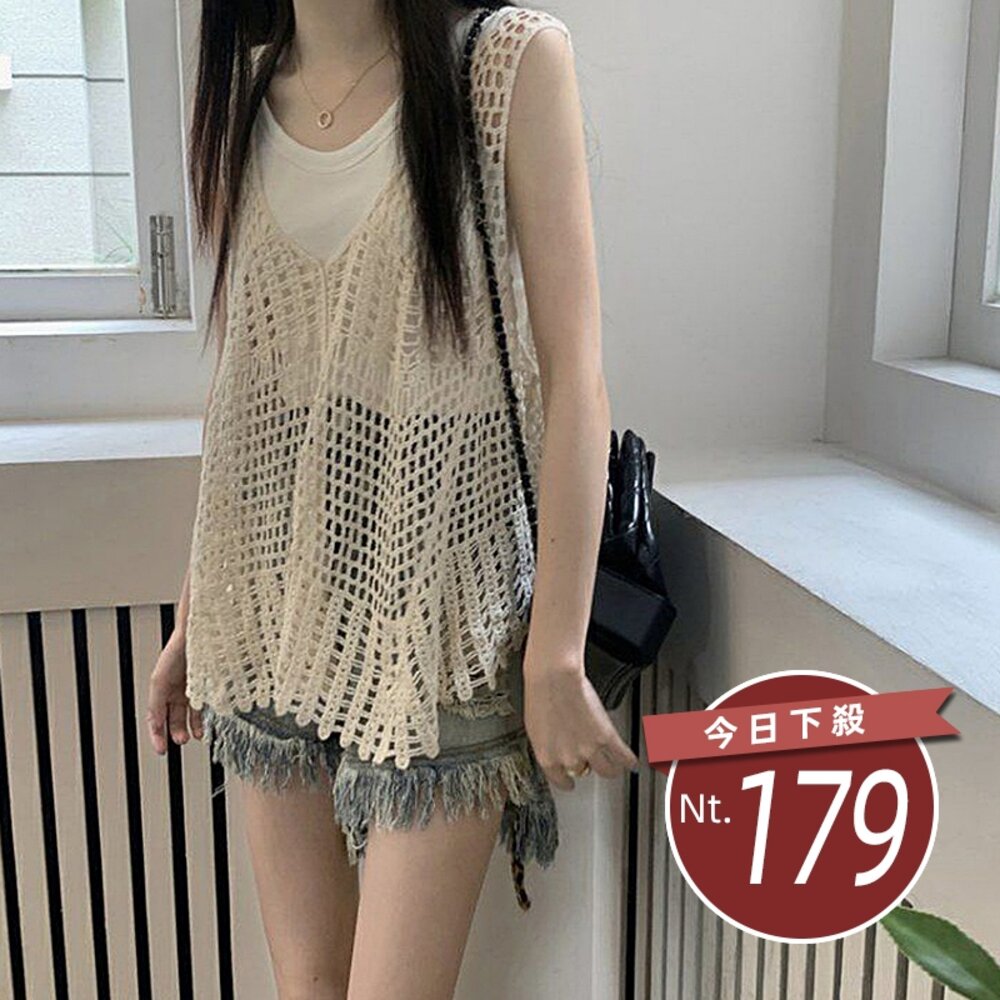 23450940560-【台灣發貨】韓版夏季復古鏤空疊穿波西米亞風背心 小可愛 背心 衣服 女裝 上衣【V302】