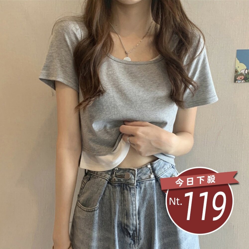 23666161126-【台灣發貨】韓版設計感假兩件寬鬆舒適短版上衣 衣服 女裝 t恤 短袖t恤 上衣【T325】