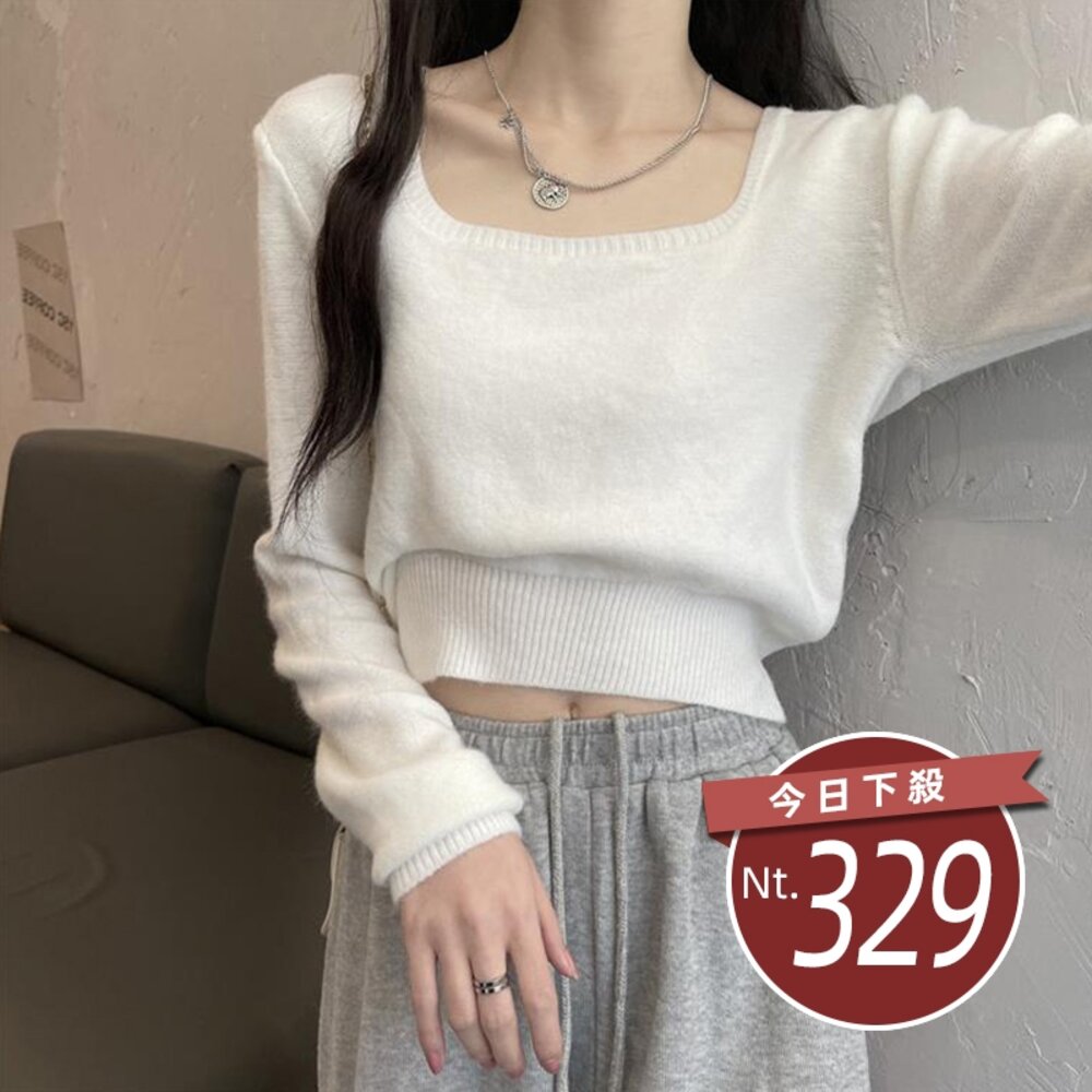 23762231919-【台灣發貨】韓版氣質顯瘦方領針織上衣 長袖上衣 長袖t恤 衣服 女裝 上衣【W394】