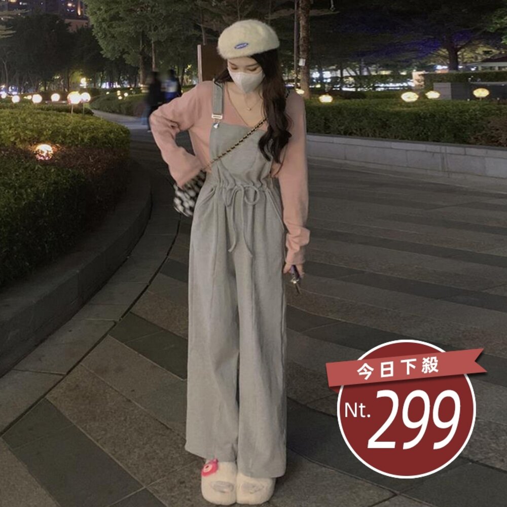 23786519352-【台灣發貨】韓版寬鬆長袖上衣+慵懶休閒吊帶褲 套裝 長袖上衣 長袖t恤 衣服 女裝 連身裙 吊帶裙 W443【P301】