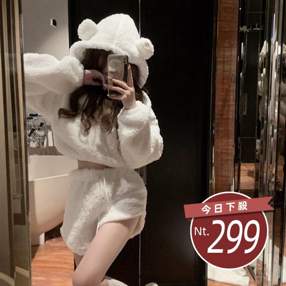 23886455602-【台灣發貨】韓版毛毛短版小熊連帽上衣+高腰顯瘦短褲 套裝 長袖上衣 長袖t恤 女裝 上衣 短褲 褲子【S288】