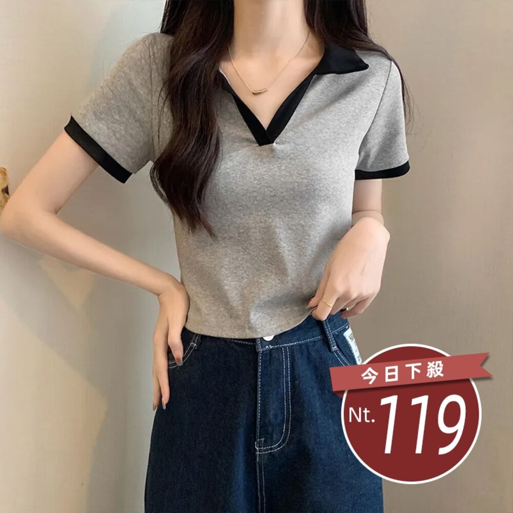 23940676159-【台灣發貨】韓版設計感V領顯瘦小眾短袖上衣 衣服 女裝 t恤 短袖t恤 上衣【T449】
