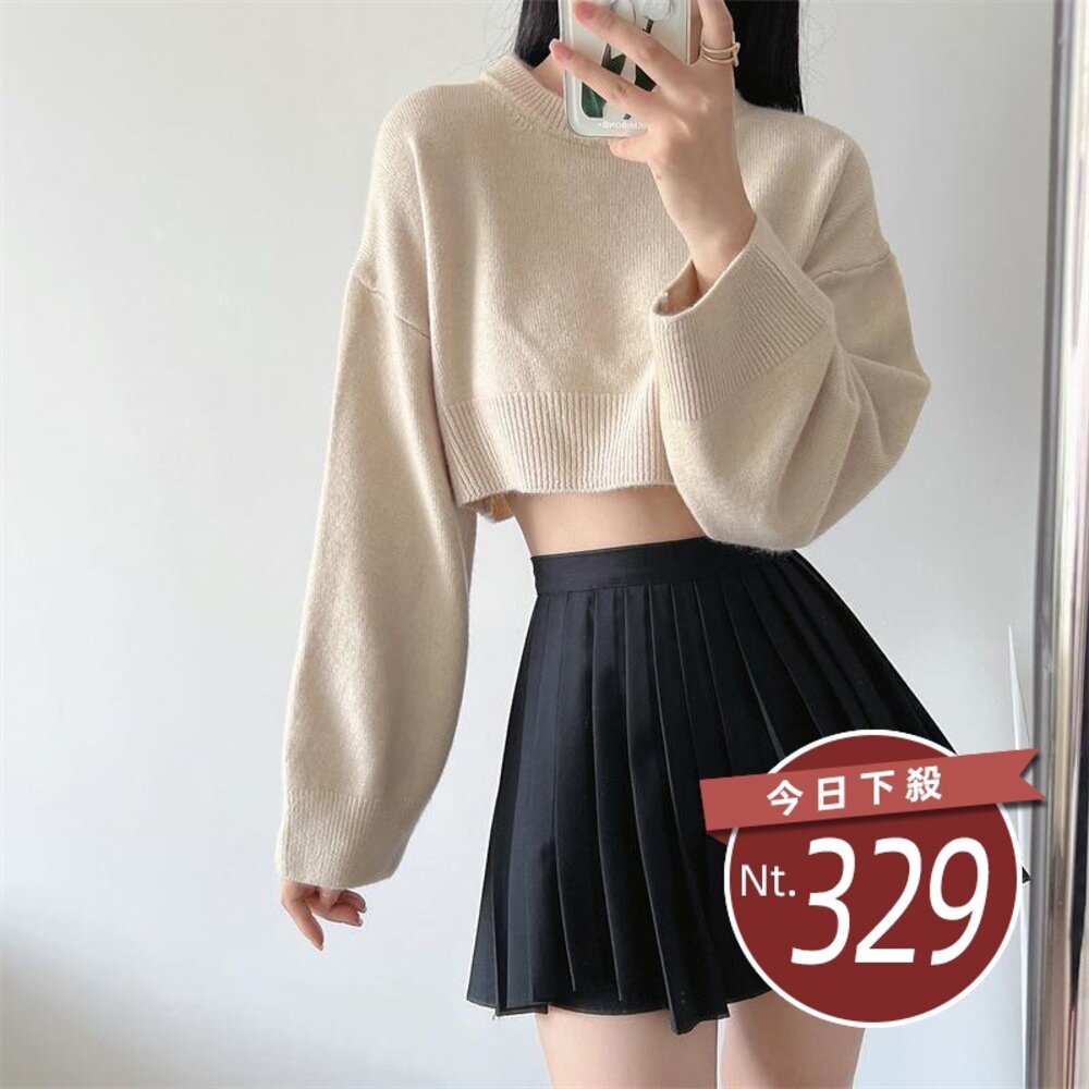 23956118119-【台灣發貨】韓版設計感高腰短版針織上衣 長袖上衣 長袖t恤 衣服 女裝 上衣【W418】