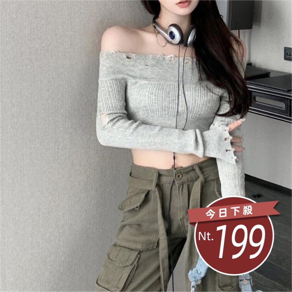 23958442855-【台灣發貨】韓版薄款刷破顯瘦一字領短版針織上衣 長袖上衣 長袖t恤 衣服 女裝 上衣【W431】
