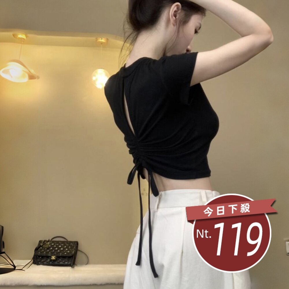 24185930999-【台灣發貨】韓版小眾設計感後背鏤空短版上衣 衣服 女裝 t恤 短袖t恤 上衣【T607】
