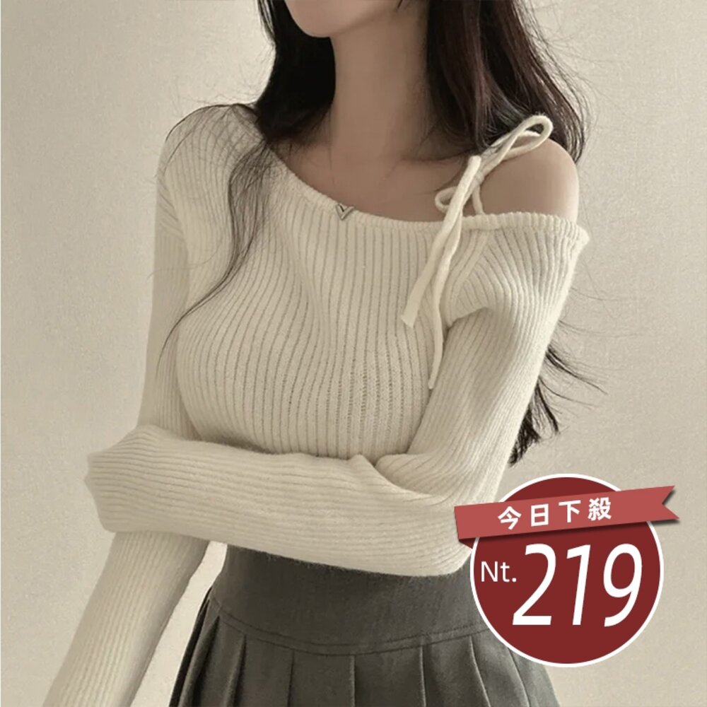 24189434686-【台灣發貨】韓版氣質斜肩綁帶針織上衣 長袖上衣 長袖t恤 衣服 女裝 上衣【W521】