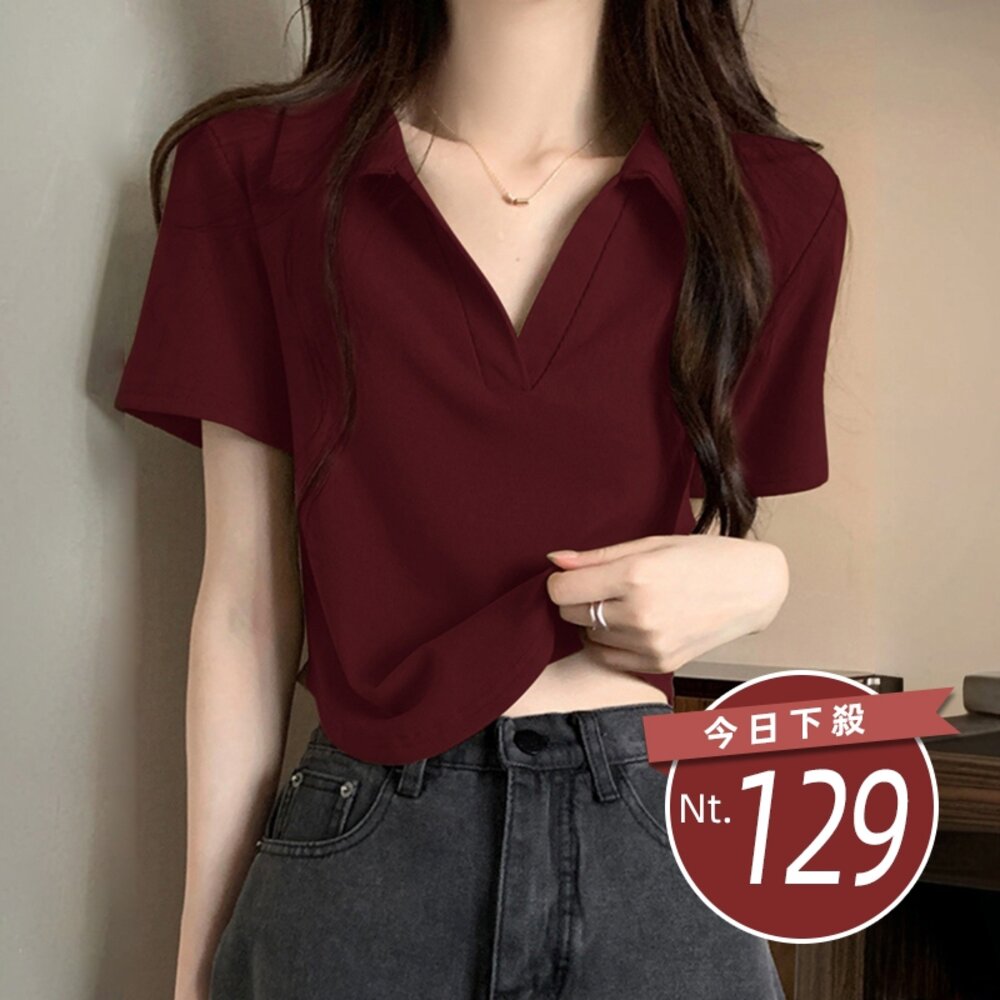 24194976021-【台灣發貨】韓版修身V領小個子短袖上衣 衣服 女裝 t恤 短袖t恤 上衣【T635】