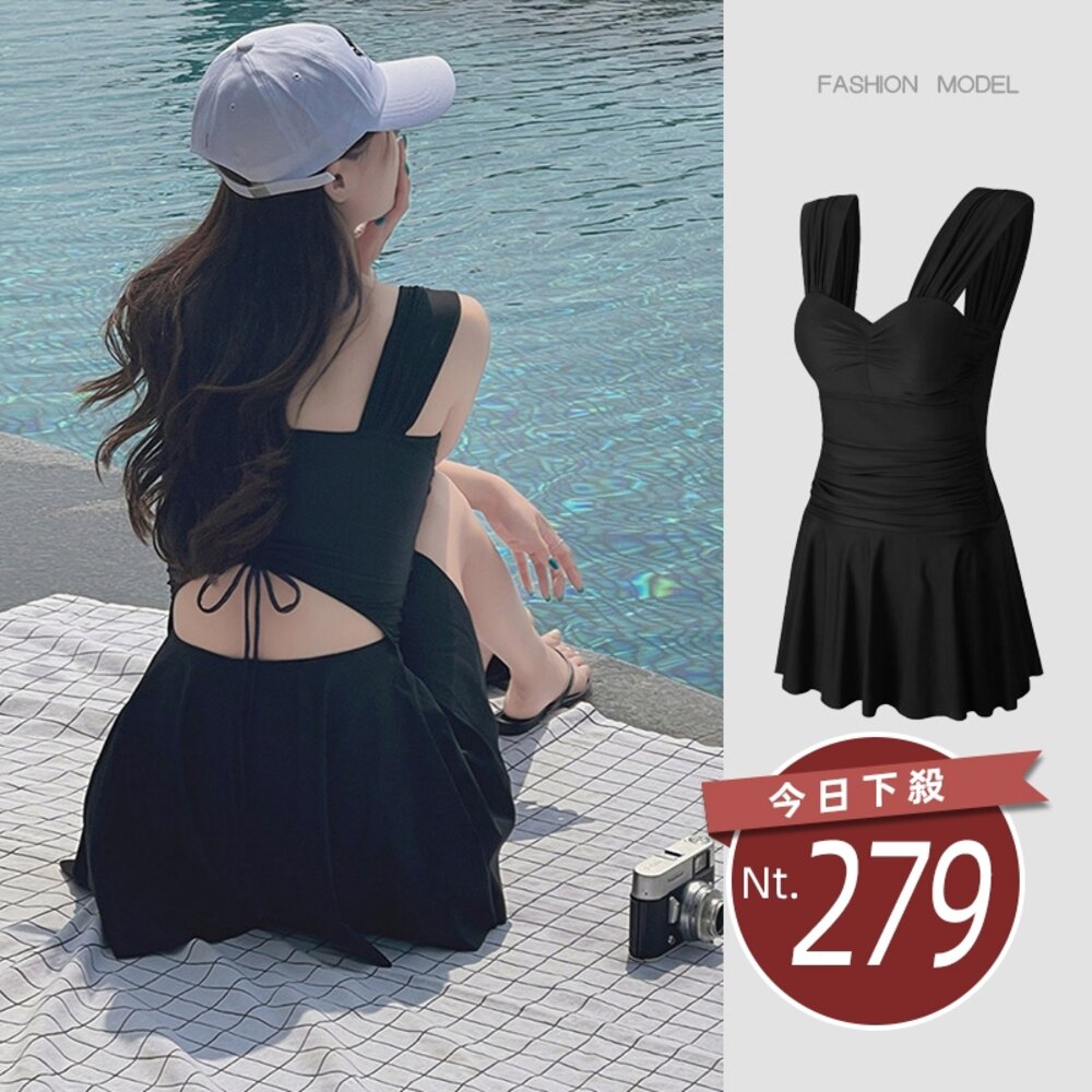 24234797007-【台灣發貨】韓版露背百褶裙保守泳衣【S133】