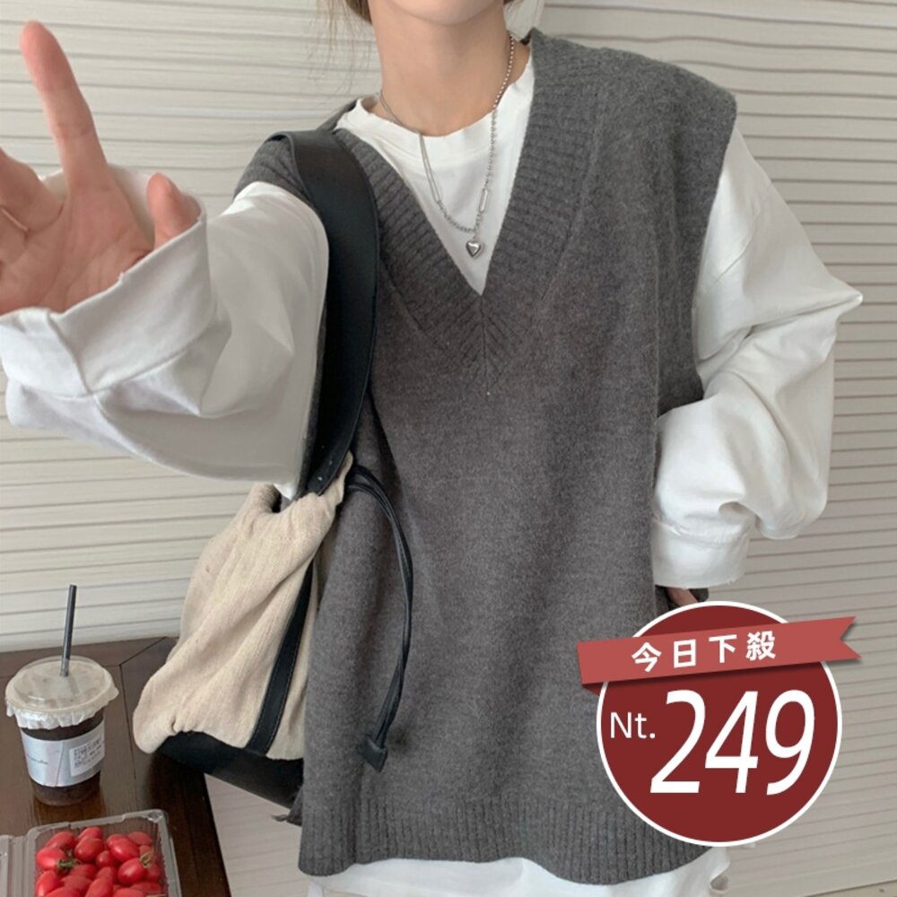 24313216093-【台灣發貨】韓版寬鬆V領開叉針織背心 小可愛 背心 衣服 外套 防曬外套 女裝 上衣【W248】