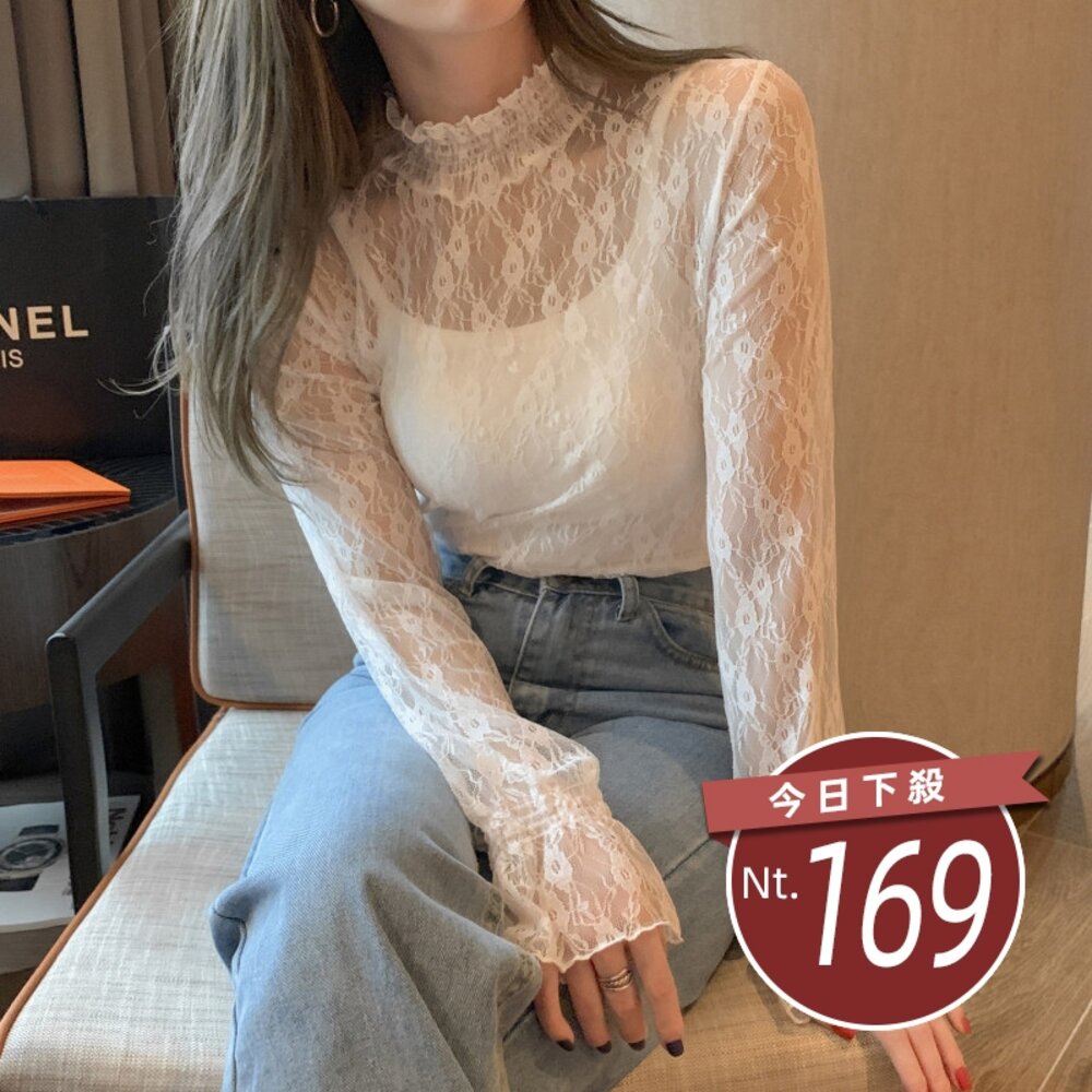 24379298672-【台灣發貨】韓版半高領疊穿內搭蕾絲氣質網紗長袖上衣 長袖上衣 長袖t恤 衣服 女裝 上衣【W507】