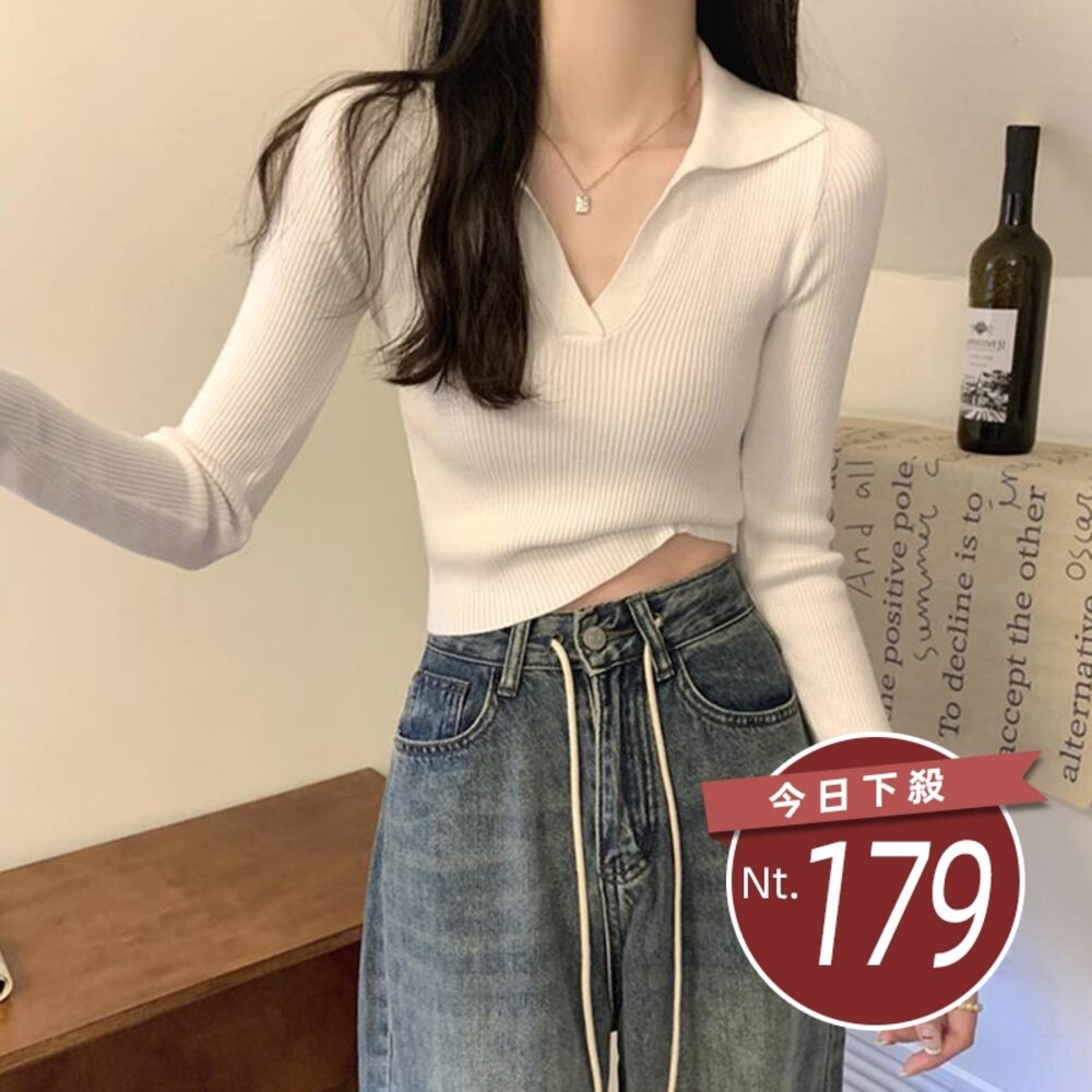 24513212883-【台灣發貨】韓版設計感V領打底針織上衣 長袖上衣 長袖t恤 衣服 女裝 上衣【W288】