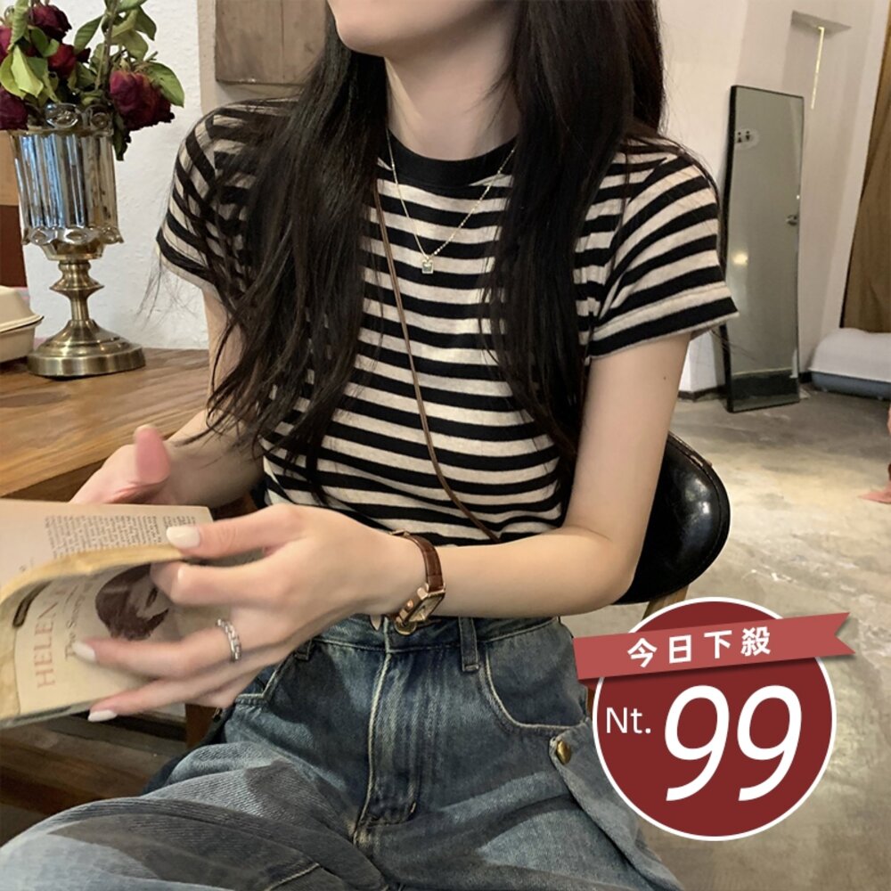 24779283894-【台灣發貨】韓版復古休閒條紋短袖上衣 衣服 女裝 t恤 短袖t恤 上衣【T585】