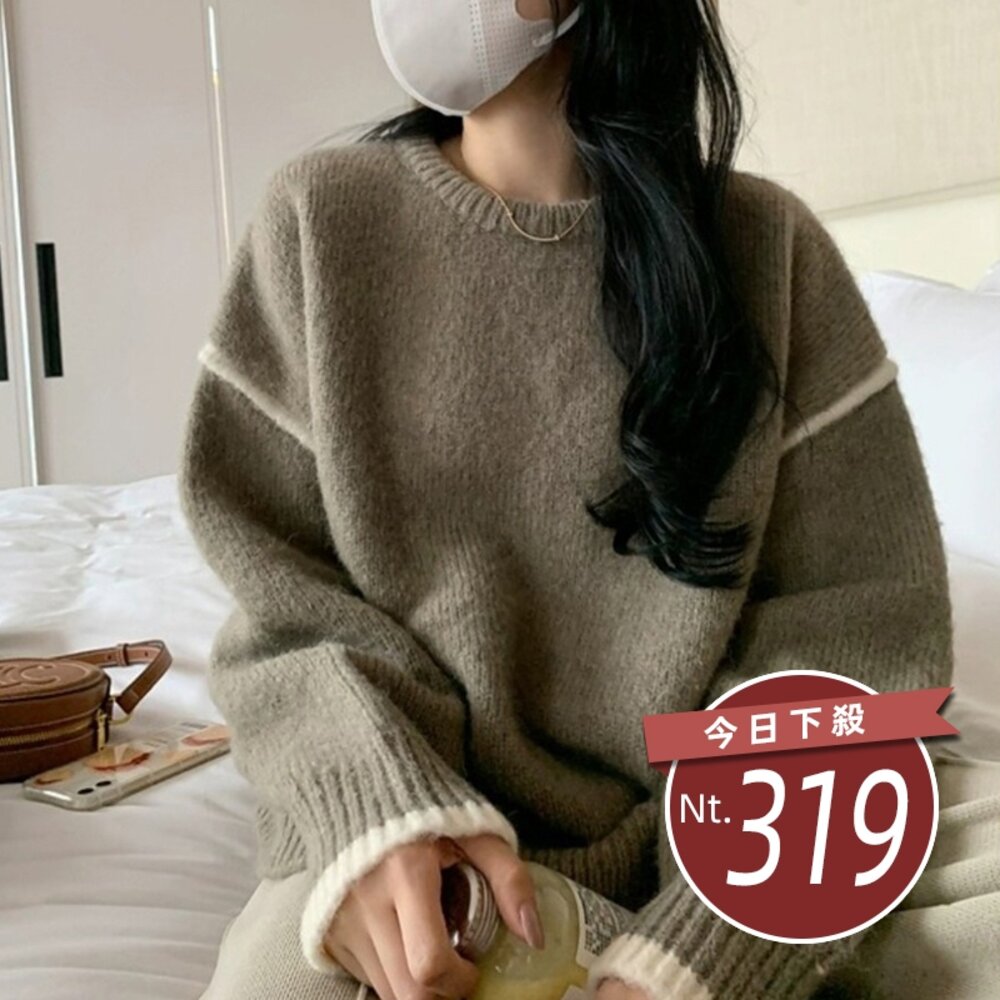 24887437727-【台灣發貨】韓版圓領寬鬆落肩針織上衣 長袖上衣 長袖t恤 衣服 女裝 上衣【W525】