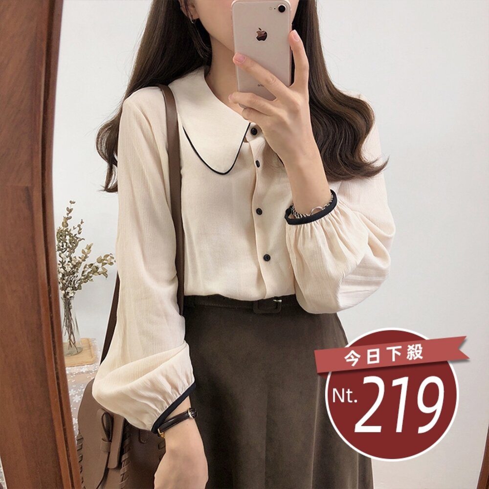 25006277376-【台灣發貨】韓版復古學院風小眾薄款設計感襯衫 長袖上衣 長袖t恤 衣服 女裝 上衣【W489】