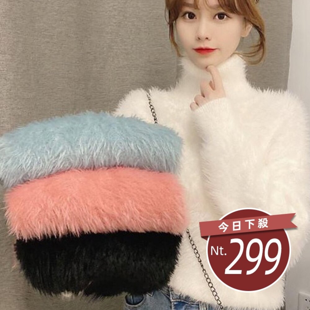 25062184965-【台灣發貨】韓版高領加厚寬鬆毛毛上衣 長袖上衣 長袖t恤 衣服 女裝 上衣【W492】