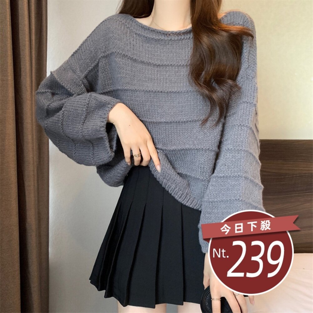 25141928247-【台灣發貨】韓版寬鬆慵懶風泡泡袖毛衣 長袖上衣 長袖t恤 衣服 女裝 上衣【W606】