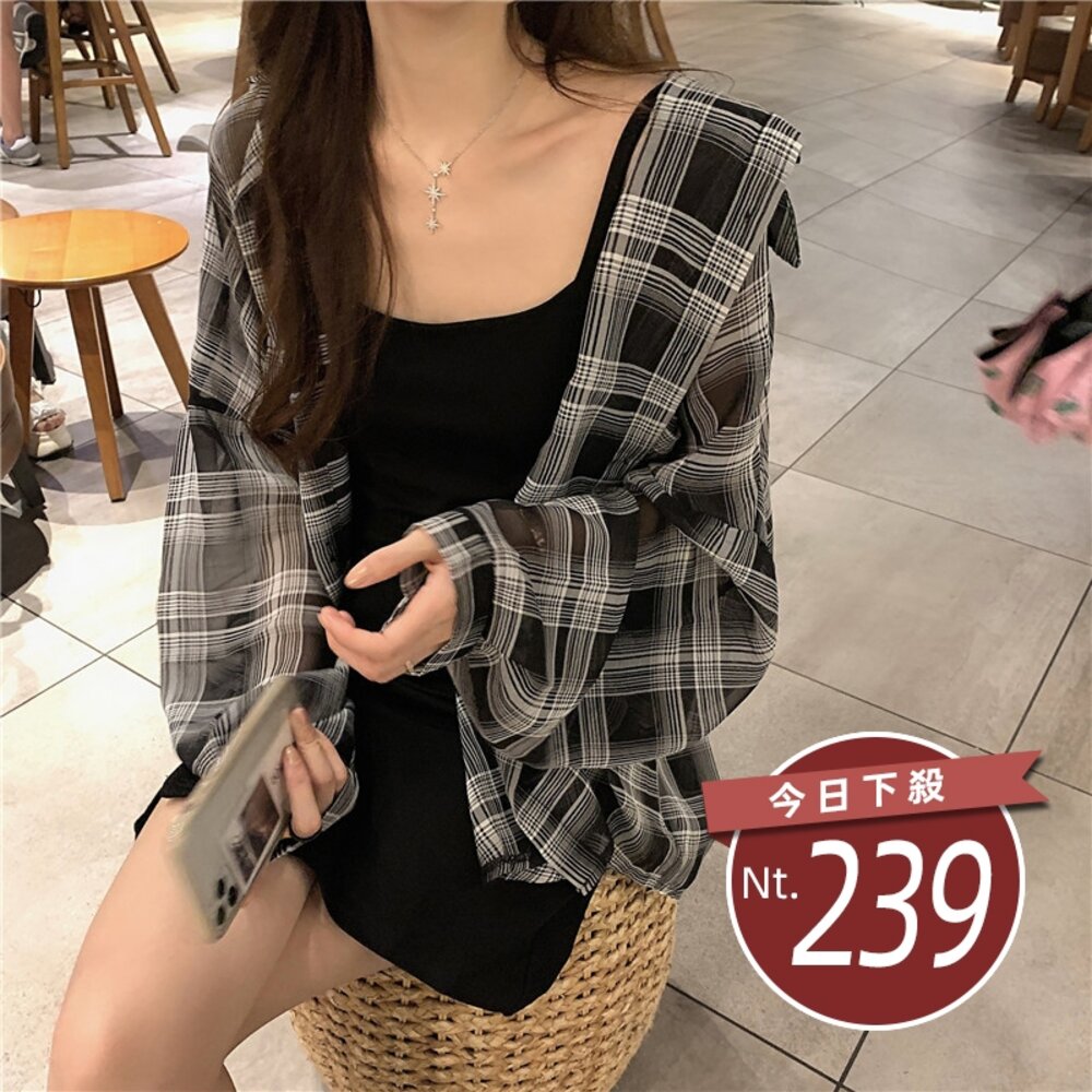 25186654352-【台灣發貨】韓版薄款格紋微透襯衫防曬外套 外套 防曬外套 女裝 上衣 衣服【J161】