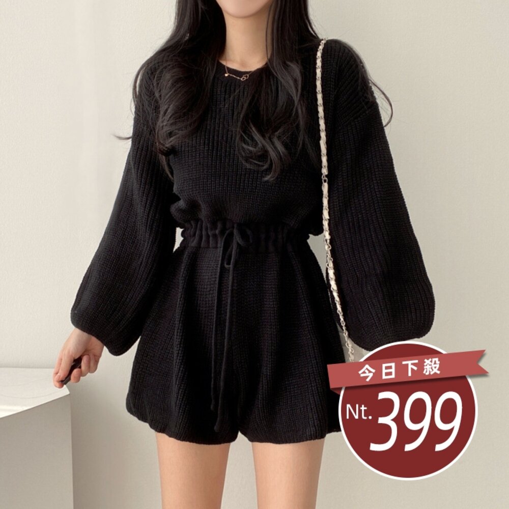 25389696537-【台灣發貨】韓版復古繫帶收腰針織套裝 連身裙 吊帶裙 吊帶褲 女裝【S291】