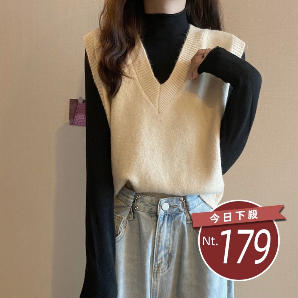 25390081751-【台灣發貨】韓版V領針織背心 外套 小可愛 背心 衣服 女裝 上衣【W176】