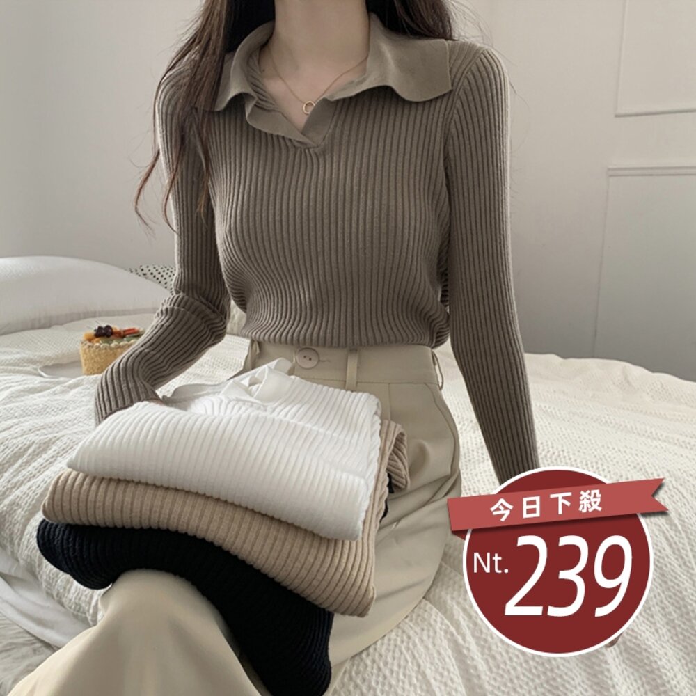 25405187618-【台灣發貨】韓版法式別緻翻領顯瘦針織上衣 長袖上衣 長袖t恤 衣服 女裝 上衣【W482】