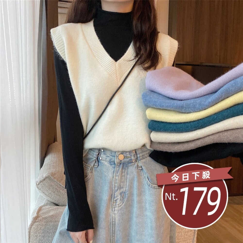 25413215594-【台灣發貨】韓版經典百搭顯瘦V領針織背心 小可愛 背心 衣服 女裝 上衣【W176】