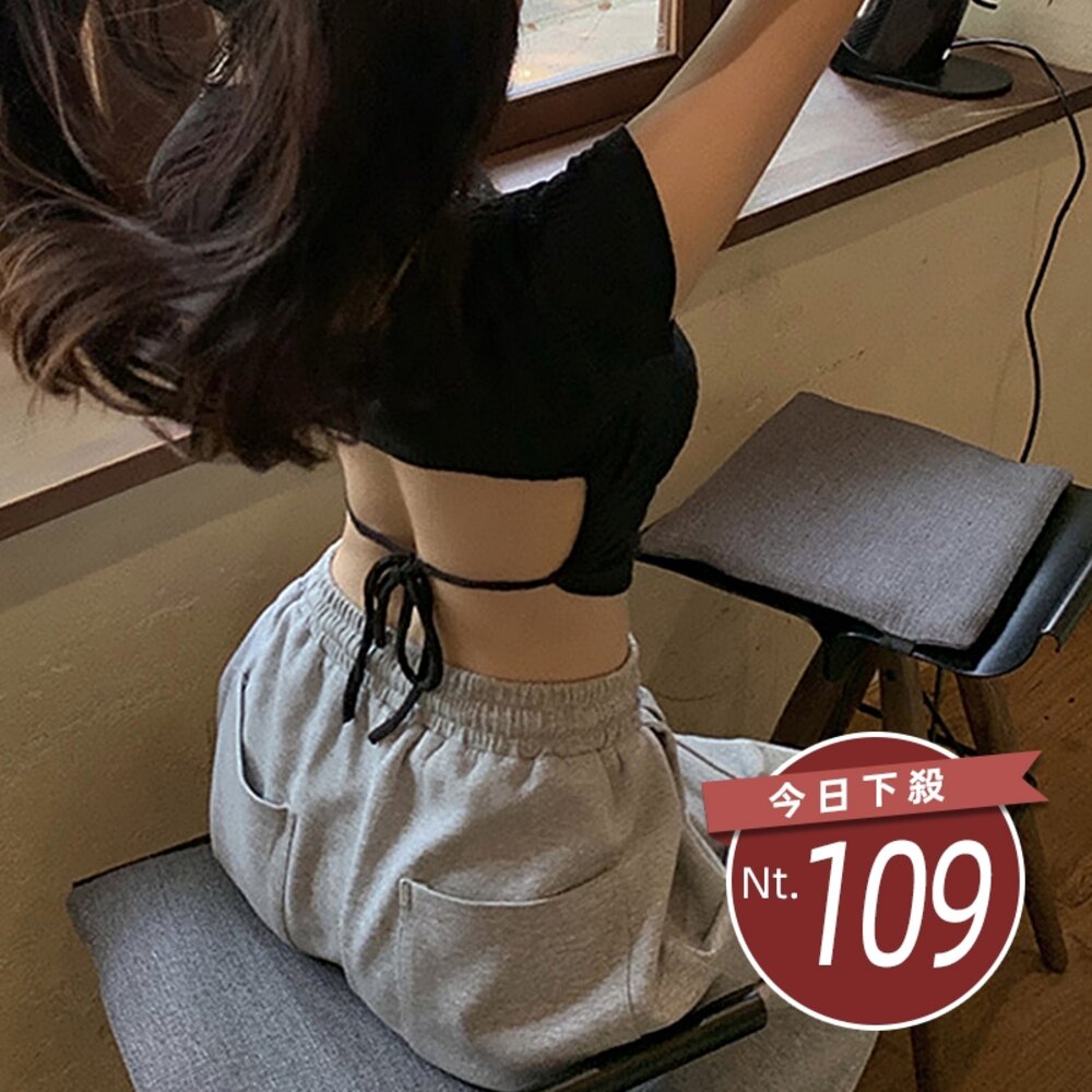 25429288425-【台灣發貨】韓版小心機露背綁帶短版上衣 衣服 女裝 t恤 短袖t恤 上衣【T586】