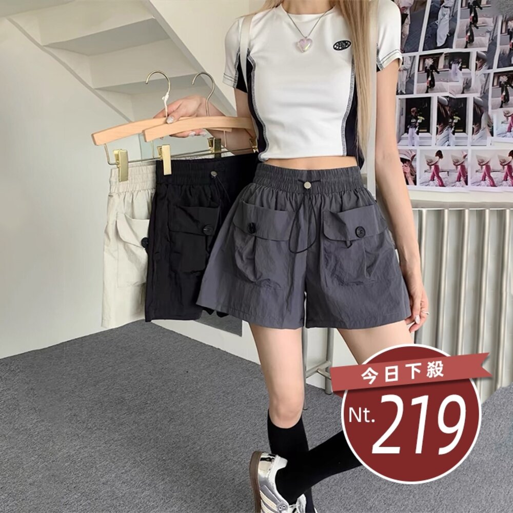 25436973193-【台灣發貨】韓版薄款寬鬆設計感高腰工裝褲 寬褲 褲子 女裝【P353】