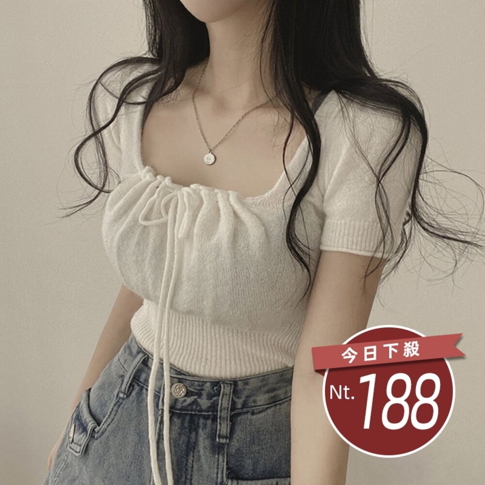 25489481643-【台灣發貨】韓版法式氣質方領綁帶針織上衣 衣服 女裝 t恤 短袖t恤 上衣【T613】