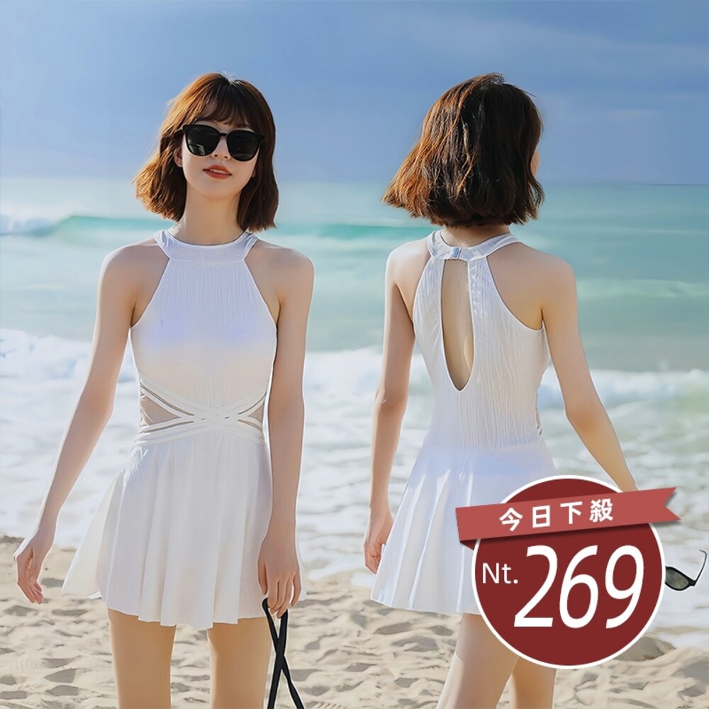 25586529496-【台灣發貨】韓版高級感顯瘦百褶裙連身泳衣 帶胸墊 連身裙 吊帶裙 吊帶褲 女裝【S133】
