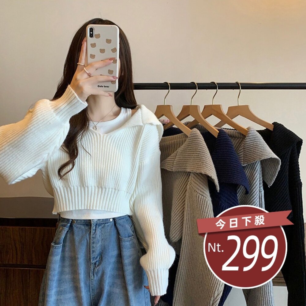 25762205601-【台灣發貨】韓版復古設計感小眾海軍領毛衣 長袖上衣 長袖t恤 衣服 女裝 上衣【W428】