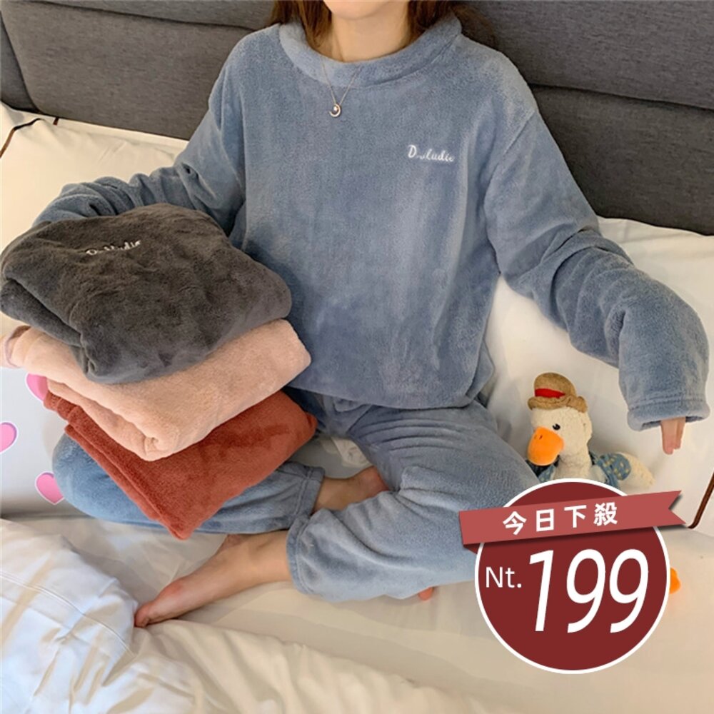 25806111660-【台灣發貨】韓版加厚內刷毛小仙女暖暖睡衣套裝 長袖上衣 長袖t恤 衣服 女裝 上衣 寬褲 褲子 女裝【S294】