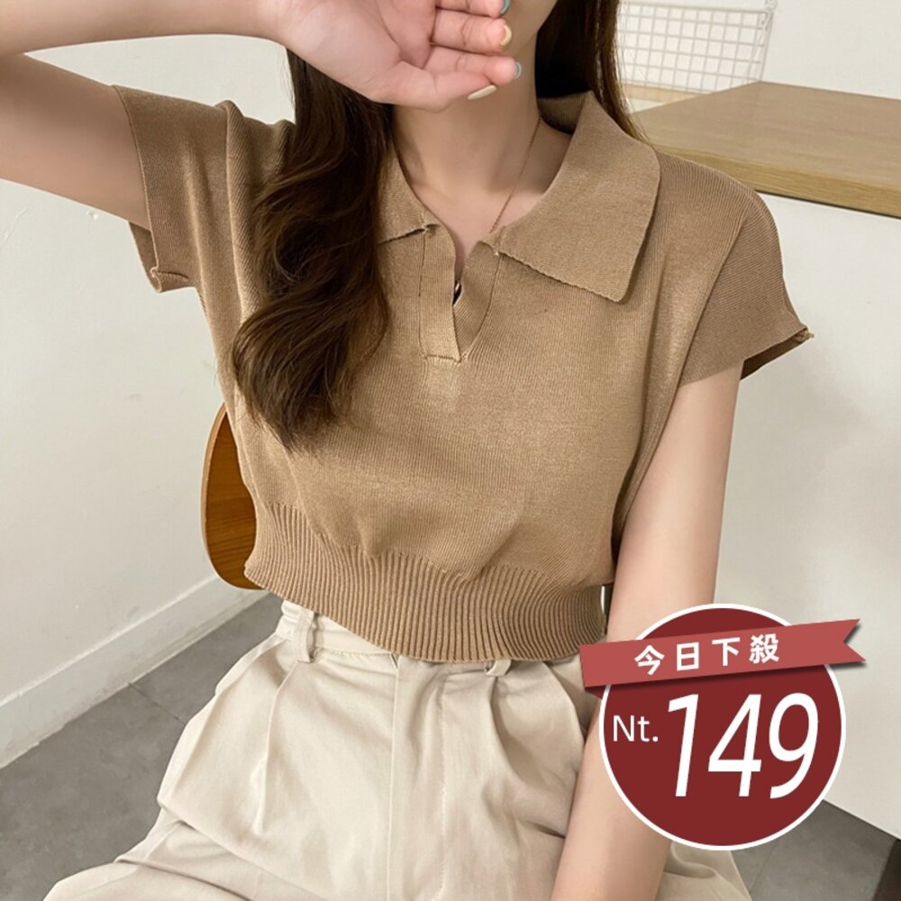 26007509431-【台灣發貨】韓版簡約翻領修身顯瘦短版上衣 衣服 女裝 t恤 短袖t恤 上衣【T391】