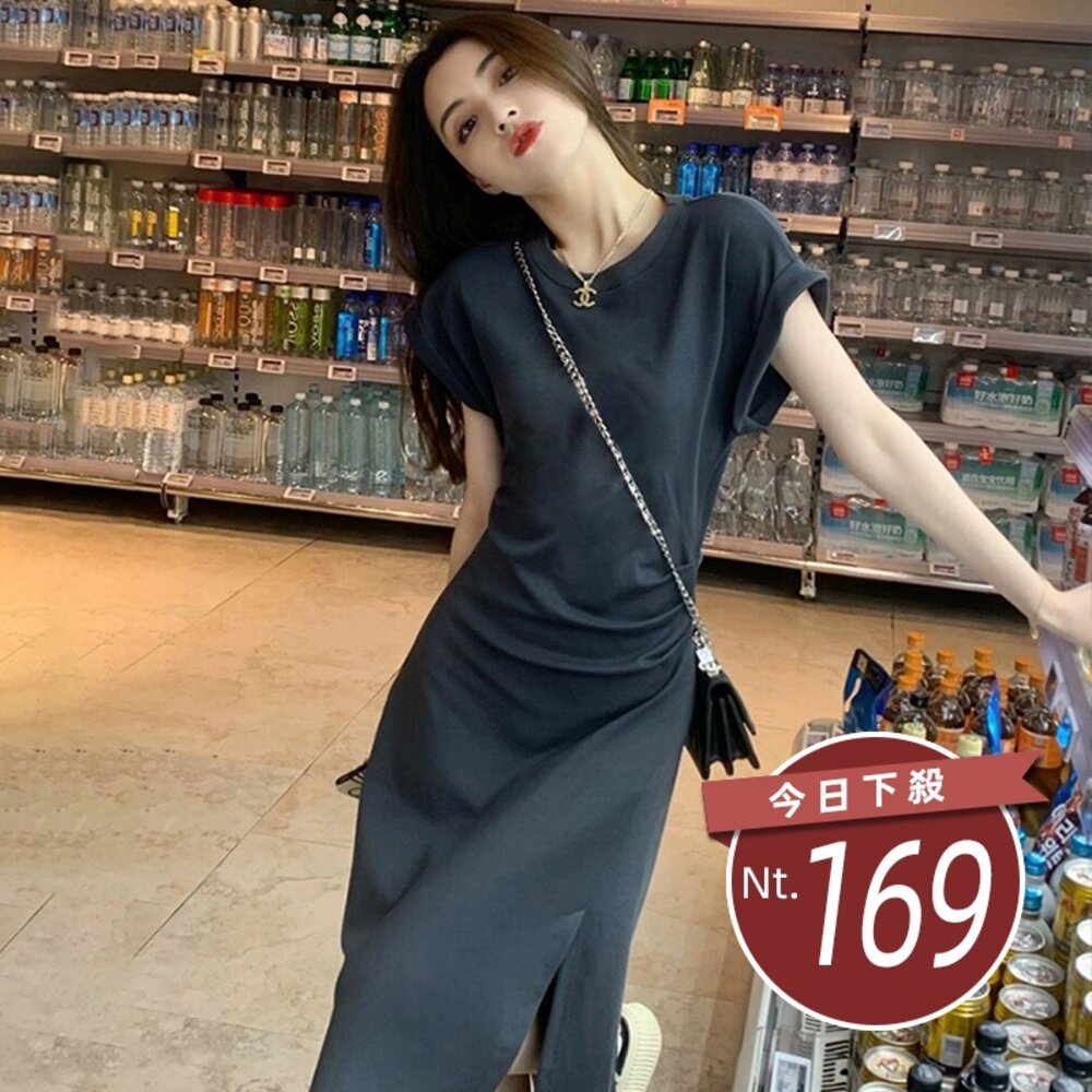 26011103389-【台灣發貨】韓版氣質收腰顯瘦休閒開叉短袖洋裝 套裝 連身裙 吊帶裙 吊帶褲 女裝【T609】