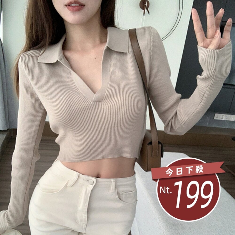 26017409596-【台灣發貨】韓版氣質翻領顯瘦短版上衣 短版針織上衣 長袖上衣 長袖t恤 衣服 女裝 上衣【W288】