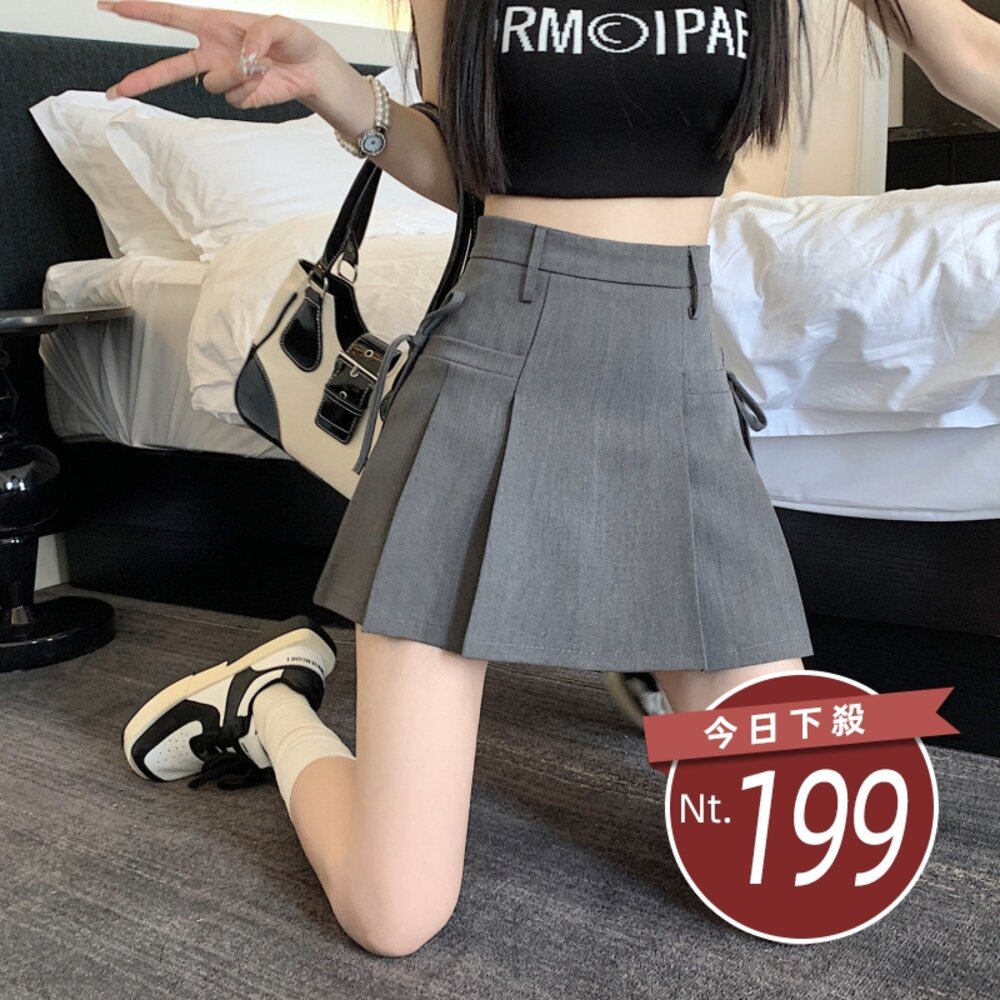 26032522464-【台灣發貨】韓版高腰顯瘦灰色短裙 裙子 褲裙 長裙 女裝【P369】